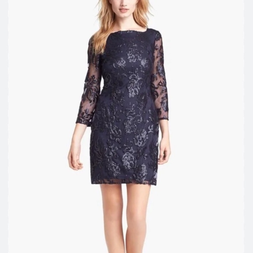 Adrianna Papell Navy Blue Sequin and Lace Floral Cocktail Dress Size 10P